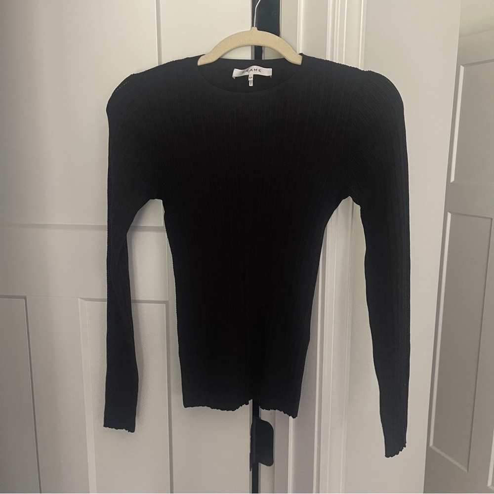 Frame Black Long Sleeve Silk Ribbed Knit Sweater Fitted Top